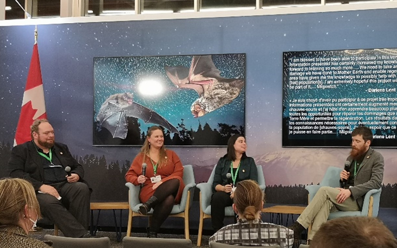 A group of people each holding a microphone and sitting on a stage